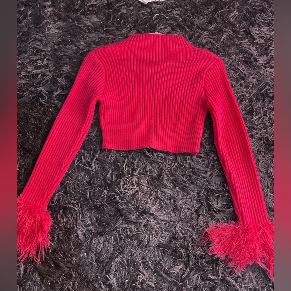 Elegant Red Feather Cuff Sweater